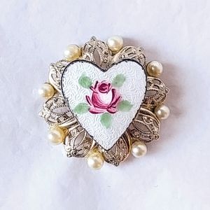 🦋 VINTAGE GUILLOCHE TYPE ENAMEL HEART PIN BROOCH - FILIGREE & PEARLS